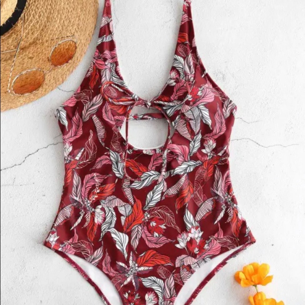 Beach printed tie front one piece